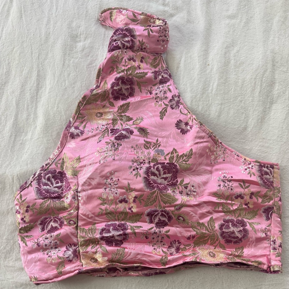 PrettyLittleThing Pink and Purple Floral Jacquard Halter